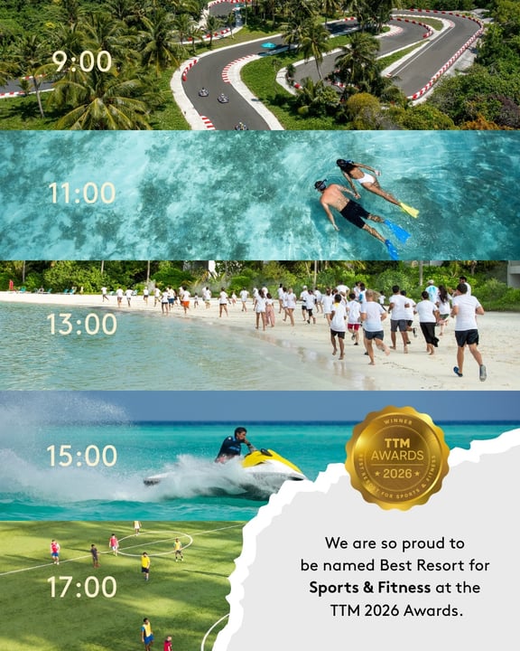Foto von Kandima Maldives vom 31. August 2026. Zeigt möglicherweise ein Bild von Jetski, Poster, Pool, Wasser und Text mit der Aufschrift „9:00 11:00 13:00 15:00 中市草 WINNER TTM AWARDS 2026 SPORT 17:00 We are so proud to be na“