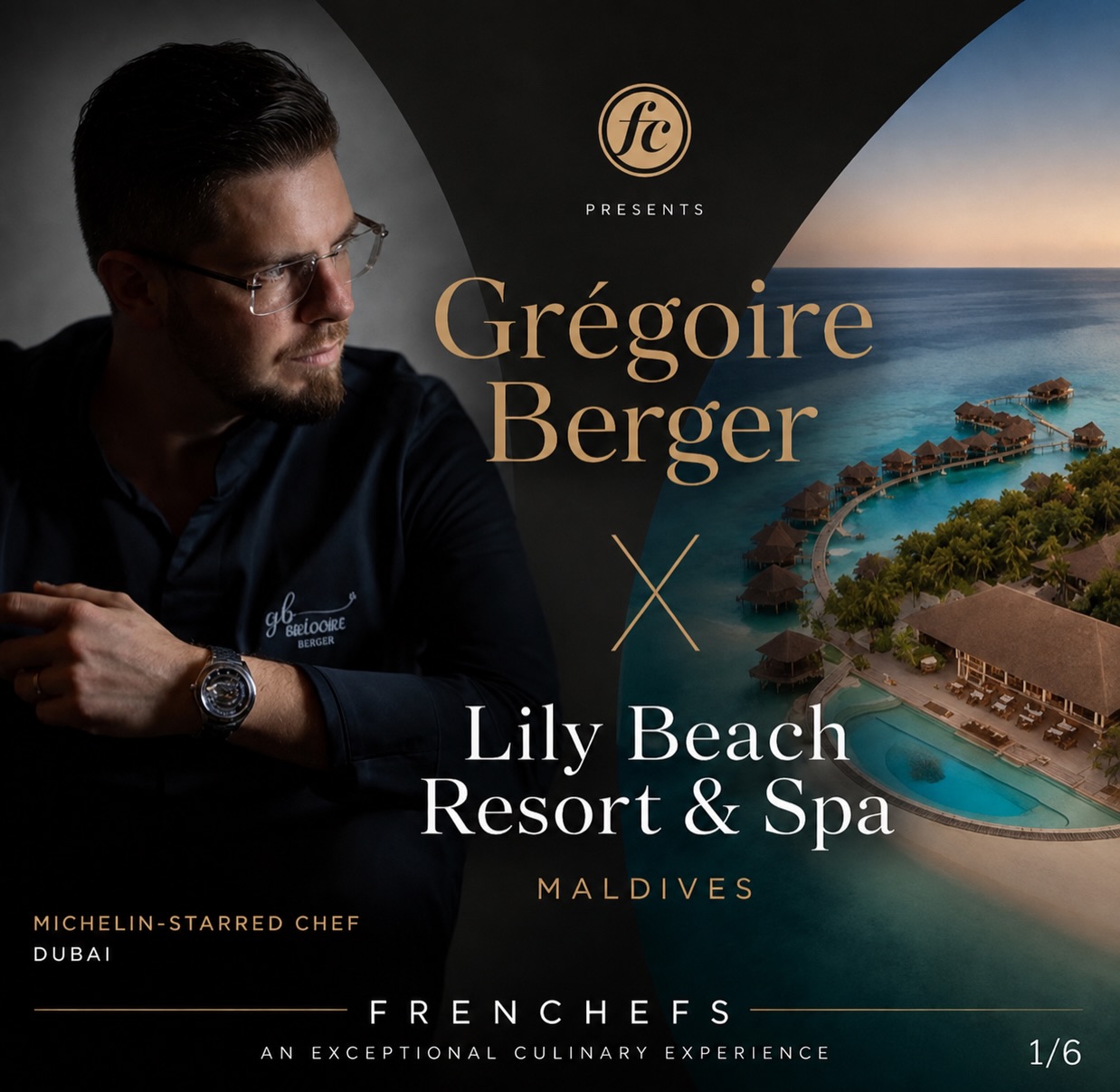 Photo shared by FRENCHEFS on August 11, 2026 tagging @lilybeachresortmaldives, and @chefgregoireberger. May be an image of pool, beach, cabana and text that says "fc PRESENTS Grégoire Berger MICHELIN-