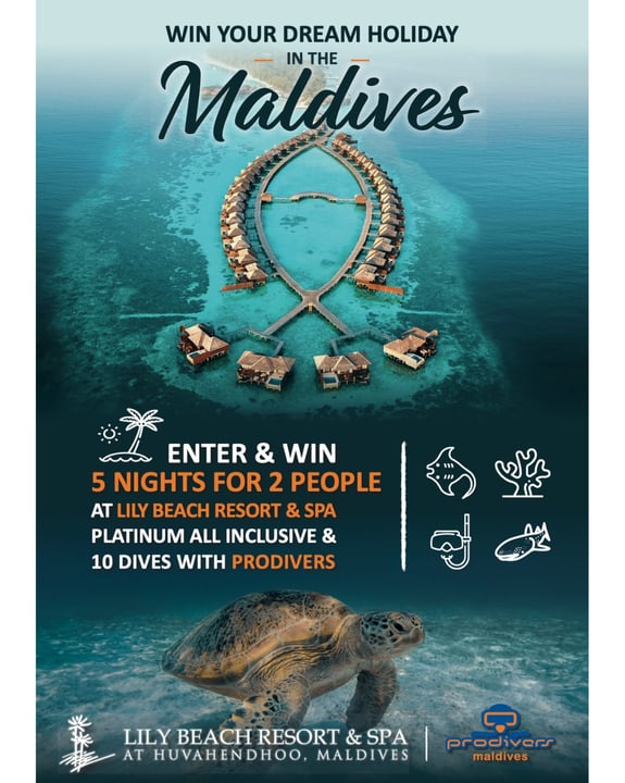 Foto condivisa da Prodivers Maldives il 10 settembre 2026 taggando @lilybeachresortmaldives. Potrebbe essere un'immagine raffigurante tartaruga, poster e testo che recita "WIN YOUR DREAM HOLIDAY Maldives IN THE ENTER & WIN 5"