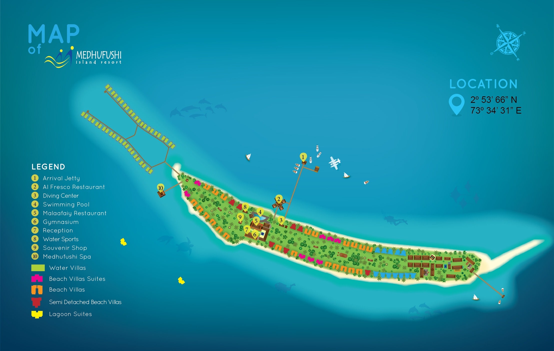 Offizielle Karte des Medhufushi Island Resort — Villenkategorien, Restaurants, Spa und der Ankunftssteg