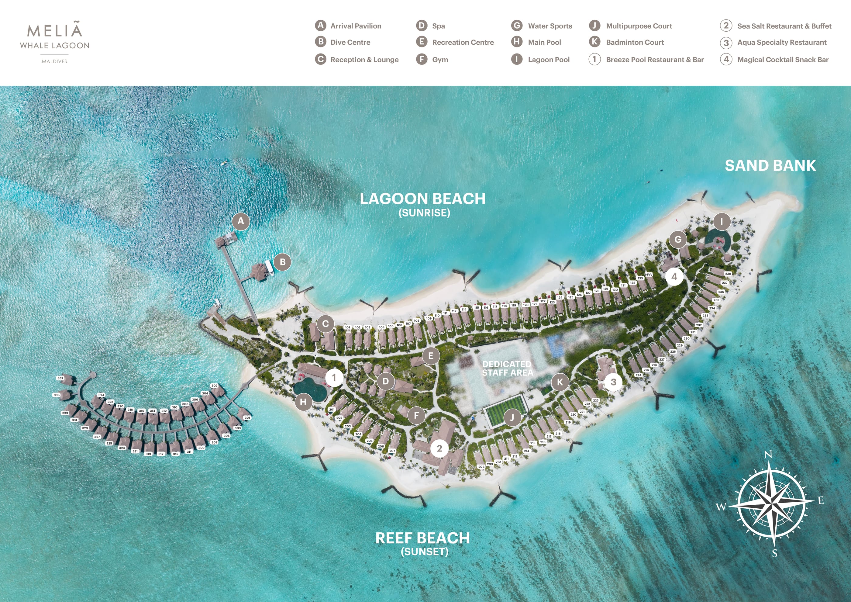 Official Meliá Whale Lagoon resort map — villas, venues, beaches and the sandbank