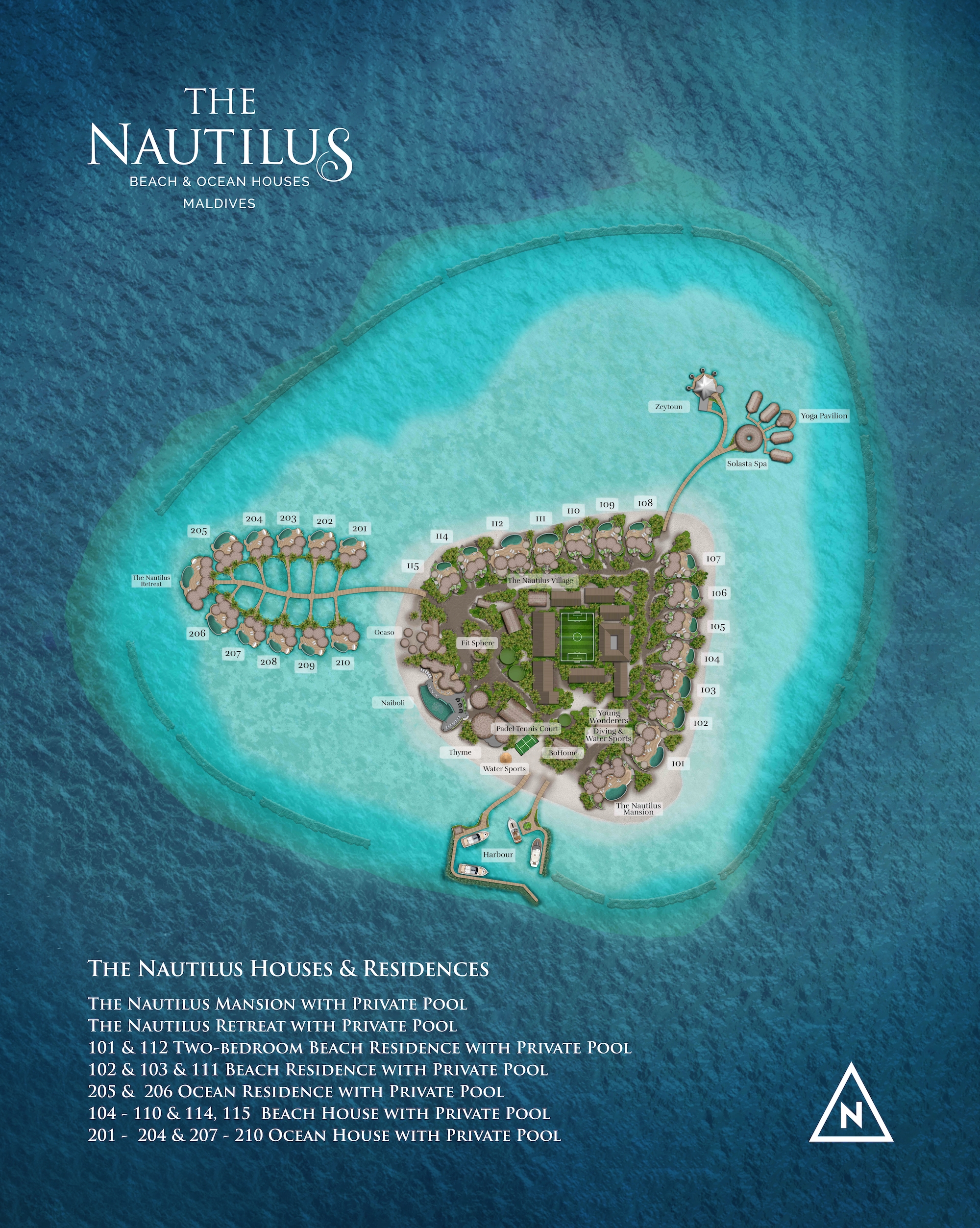 The Nautilus Maldives island map with villa numbering
