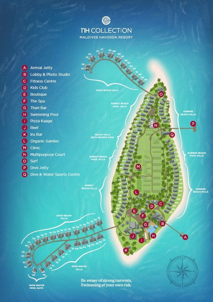 Illustrierte Resortkarte des NH Collection Maldives Havodda — Villennummerierung, Restaurants, Bars, das Spa und der Tauchsteg