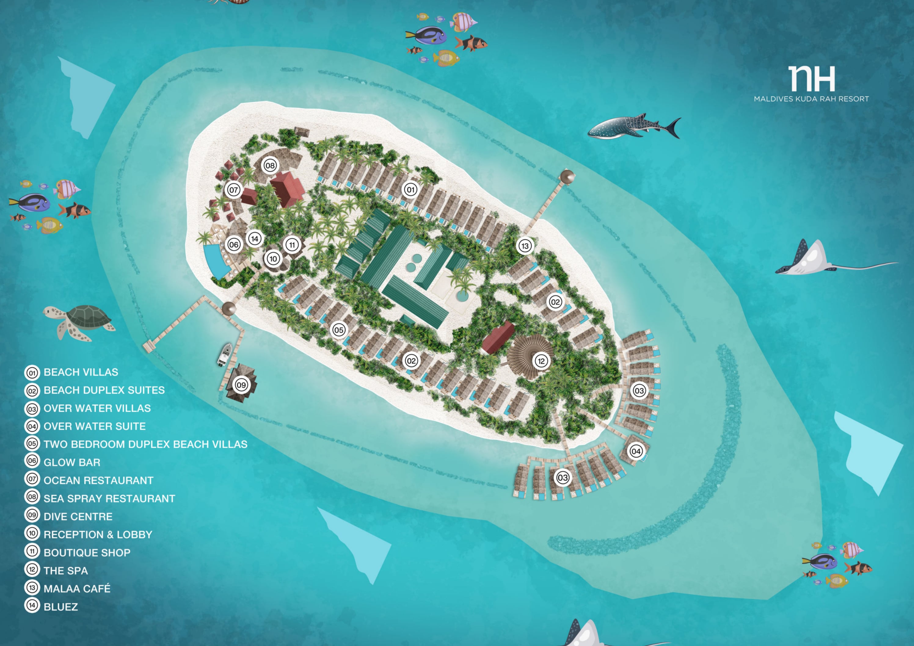 NH Maldives Kuda Rah island map showing the beach villas and duplex suites, the over-water villas and suite on their jetty, Glow Bar by the pool, Ocean and Sea Spray restaurants, Malaa Café, the spa and the dive centre