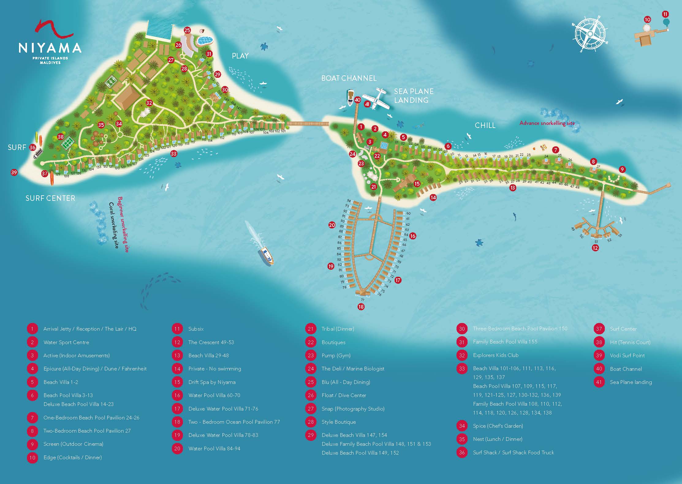 Niyama Private Islands resort map showing Play and Chill islands