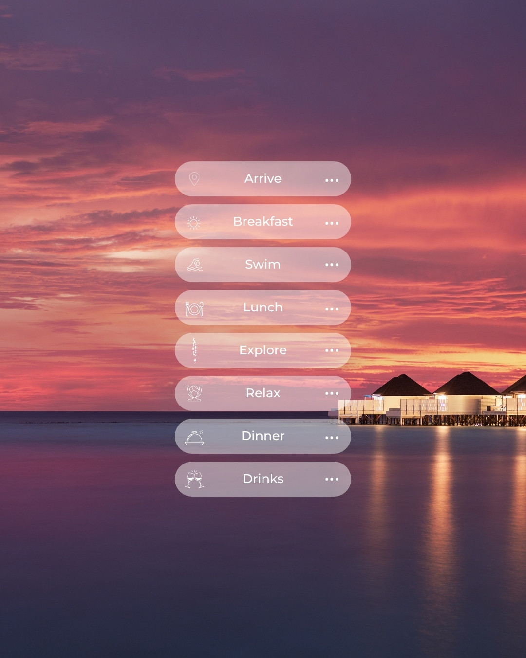 Photo by Nova Maldives on August 09, 2026. May be a graphic of ‎phone, screen, body of water, horizon and ‎text that says "‎Arrive Breakfast e Swim ••• 10i Lunch Explore … 啊 Relax Dinner بن Drinks …‎"