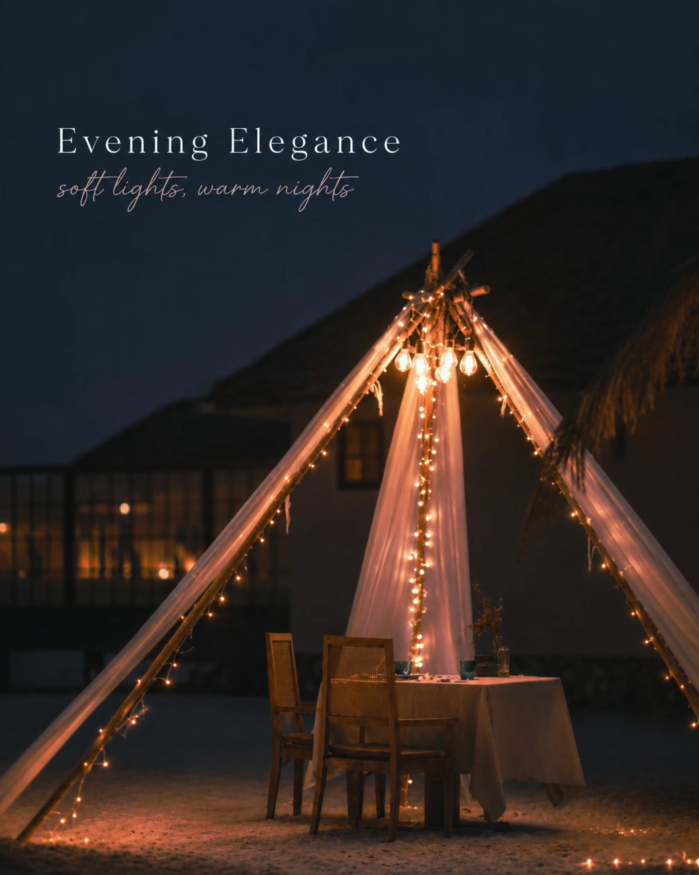 Foto von sceneryofthelife in Nova Maldives mit @novamaldives. Zeigt möglicherweise Moskitonetz, Zelt, Laterne, im Freien und Text mit der Aufschrift: „EveningElegance Evening Elegance softlights soff lights. sof“