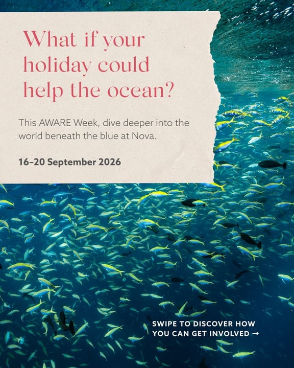 Foto di Nova Maldives del 15 settembre 2026. Potrebbe essere una grafica di nuoto, squalo, poster, rivista e testo che dice "Whatifvour What if vour holiday could help the ocean? This AWARE Week, dive deep"