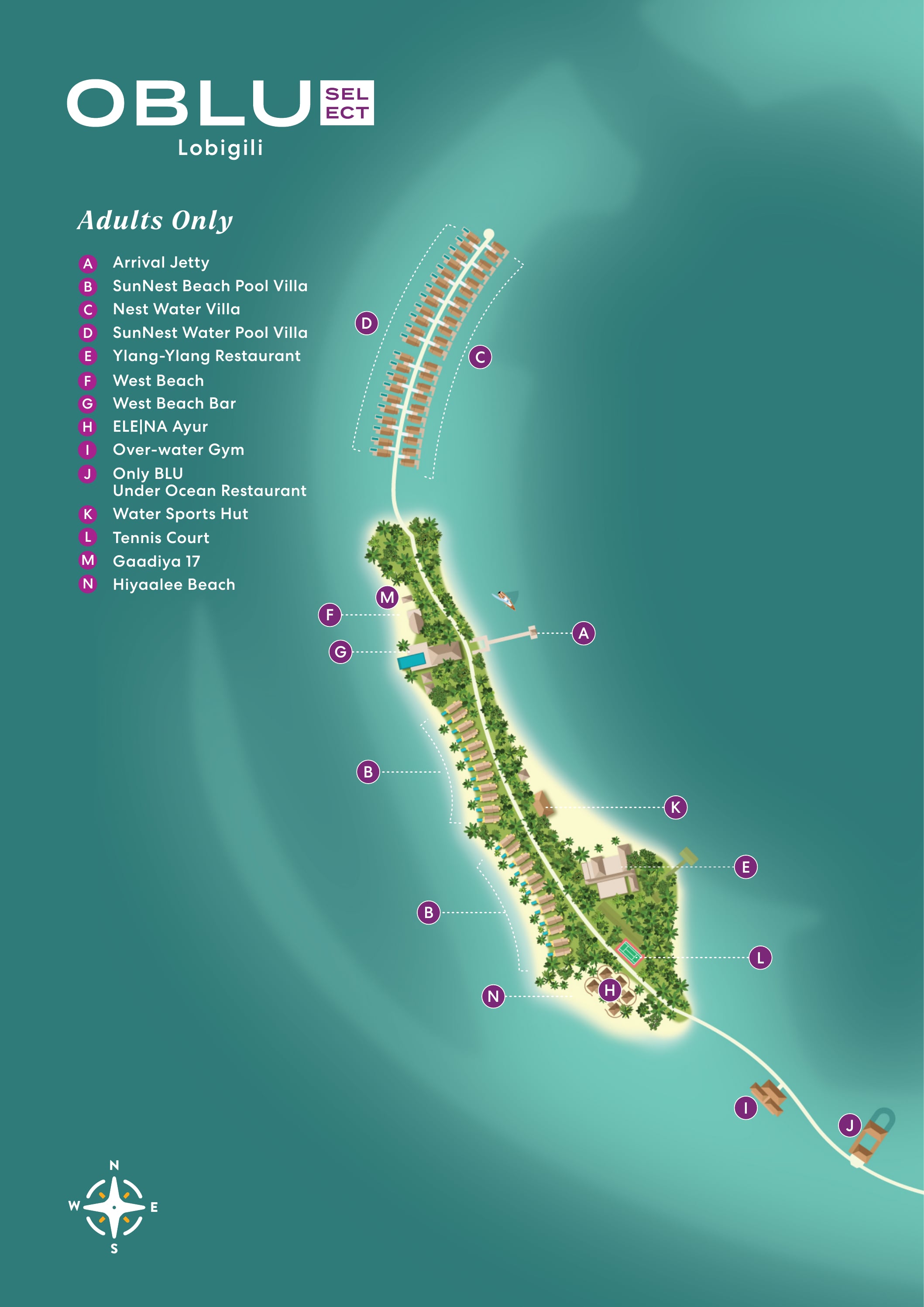 OBLU SELECT Lobigili island map showing the beach villas, the water-villa row, West Beach Bar and Only BLU on the jetty