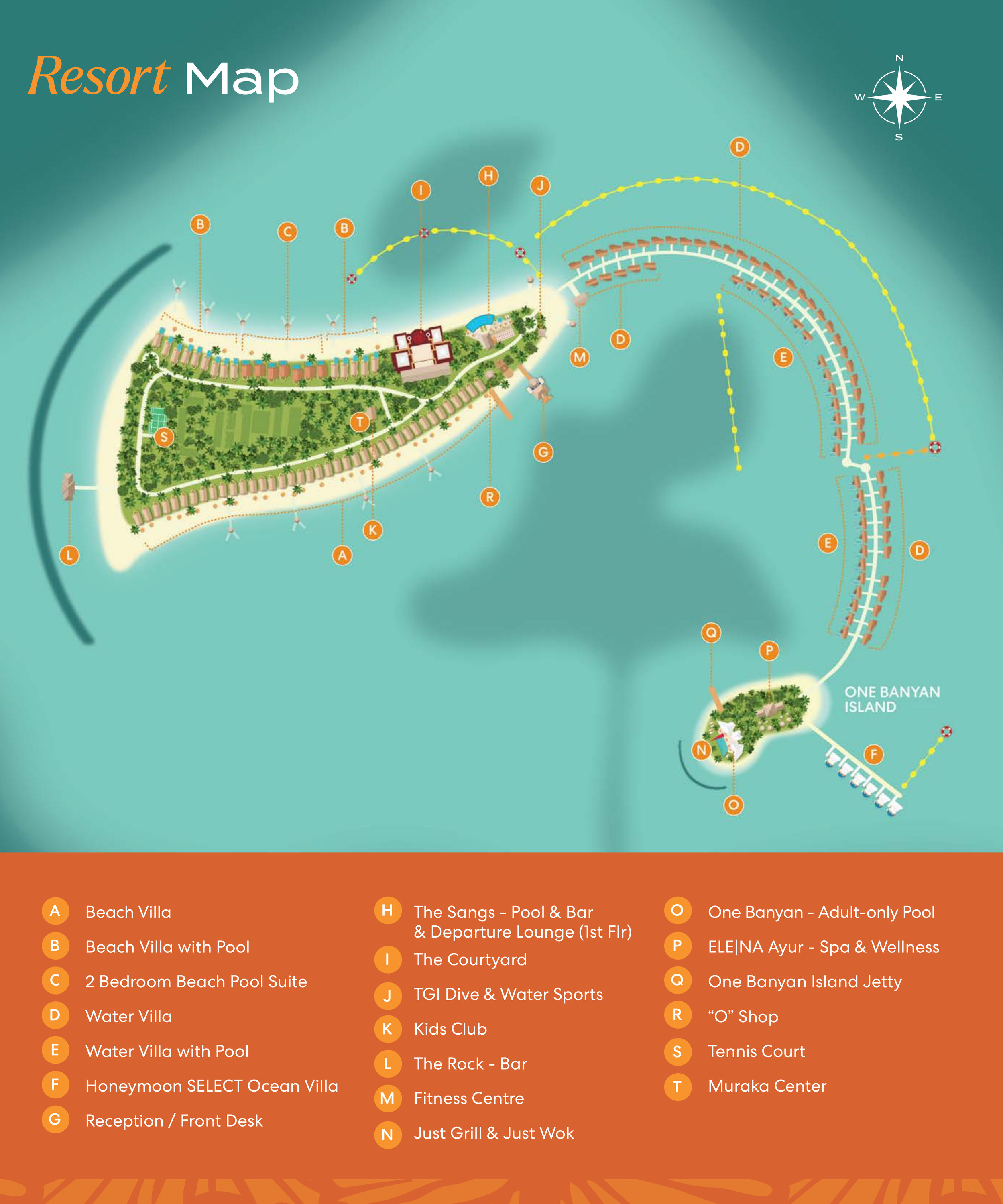 Mappa dell'isola di OBLU SELECT Sangeli che mostra Sangeli Island, la passerella delle ville sull'acqua e One Banyan Island