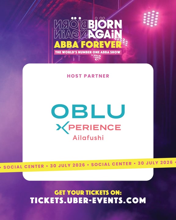 Foto geteilt von Uber Events & Artists am 16. Juli 2026, verlinkt mit @bjornagainaustralia und @ailafushimaldives. Könnte ein Bild von einem Poster, einer Zeitschrift und Text sein, auf dem steht: "O ИR8 00 ИRO8 BJORN И AAGAIN ABBA F