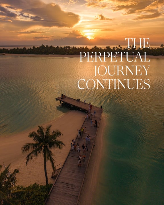 Photo by Patina Maldives on June 17, 2026. May be an image of twilight, ocean, horizon, water and text that says "THE PERPETUAL JOURNEY CONTINUES".