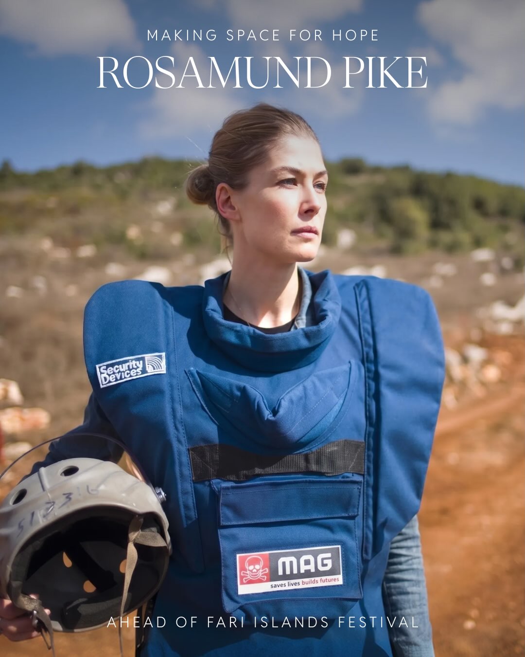 Photo shared by Patina Maldives on August 04, 2026 tagging @minesadvisorygroup, @mspike, and @patinahotels. May be an image of helmet, waistcoat and text that says "MAKING SPACE FOR HOPE ROSAMUND PIKE
