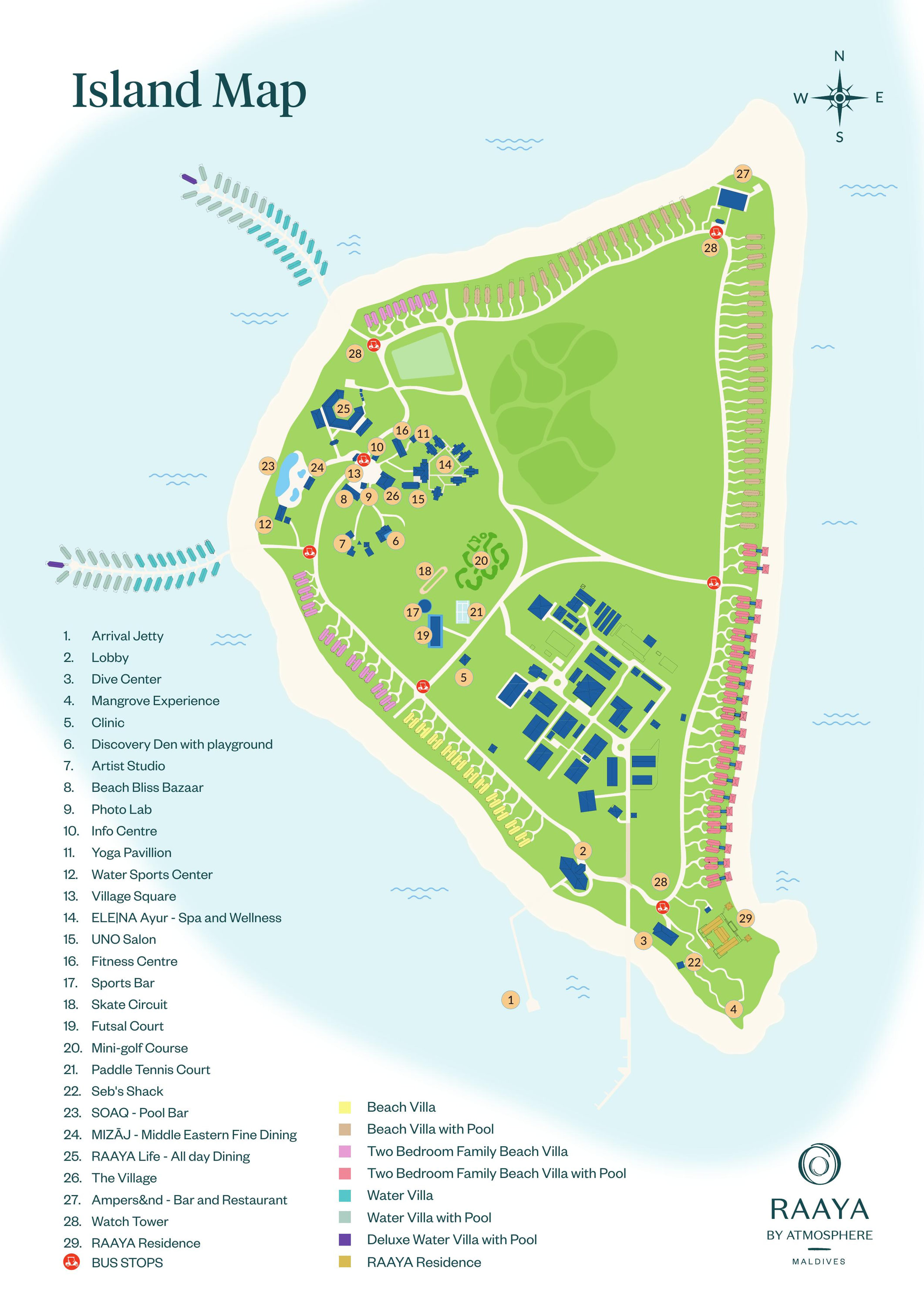 Carte de l'île RAAYA by Atmosphere montrant Kudakurathu Island, les deux arcs de villas sur pilotis, Village Square et la Sports Zone
