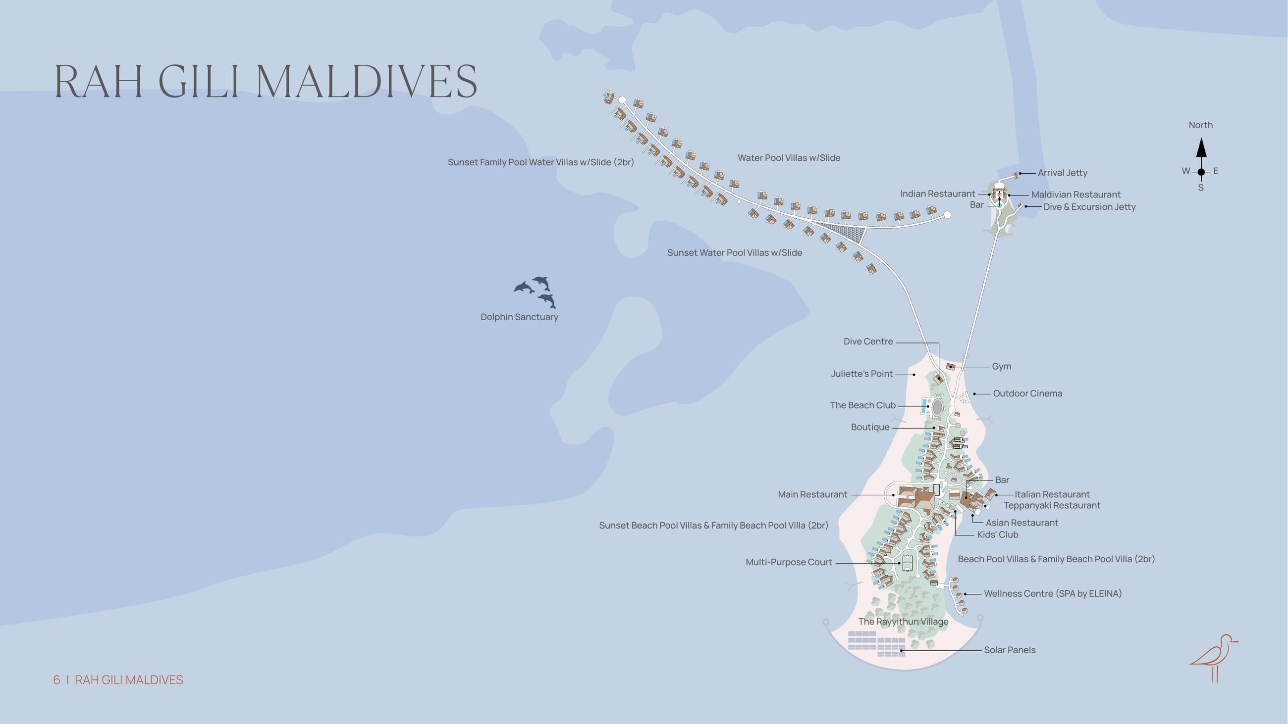 Illustrated resort map of Rah Gili Maldives — villas, venues and the dolphin sanctuary