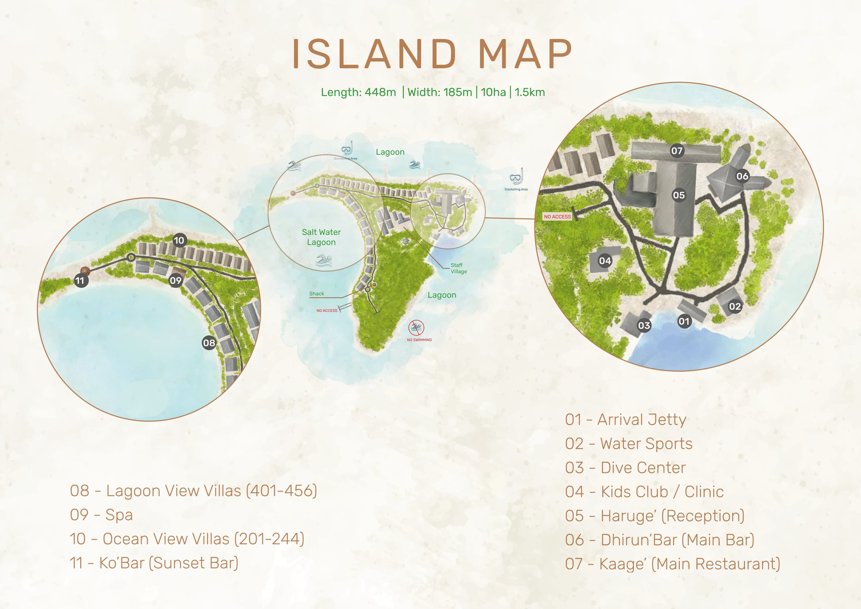 Carte officielle de l'île de Rahaa Resort avec une légende numérotée — la jetée d'arrivée, les sports nautiques, le centre de plongée, le kids club et la clinique, la réception, le Dhirun'Bar, le Kaagé, les deux rangées de villas, le spa et le Ko'Bar