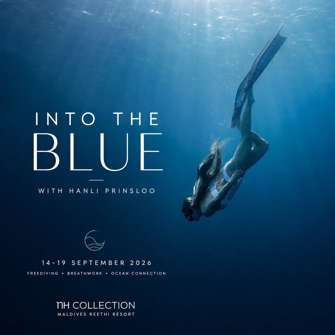 Photo by NH Collection Maldives Reethi Resort on August 08, 2026. May be an image of wetsuit, poster and text that says "INTOTHE INTO THE BLUE WITHHANLIPRINSLOO WITH HANLI PRINSLOO 14-19 14-19SEPTEMBE