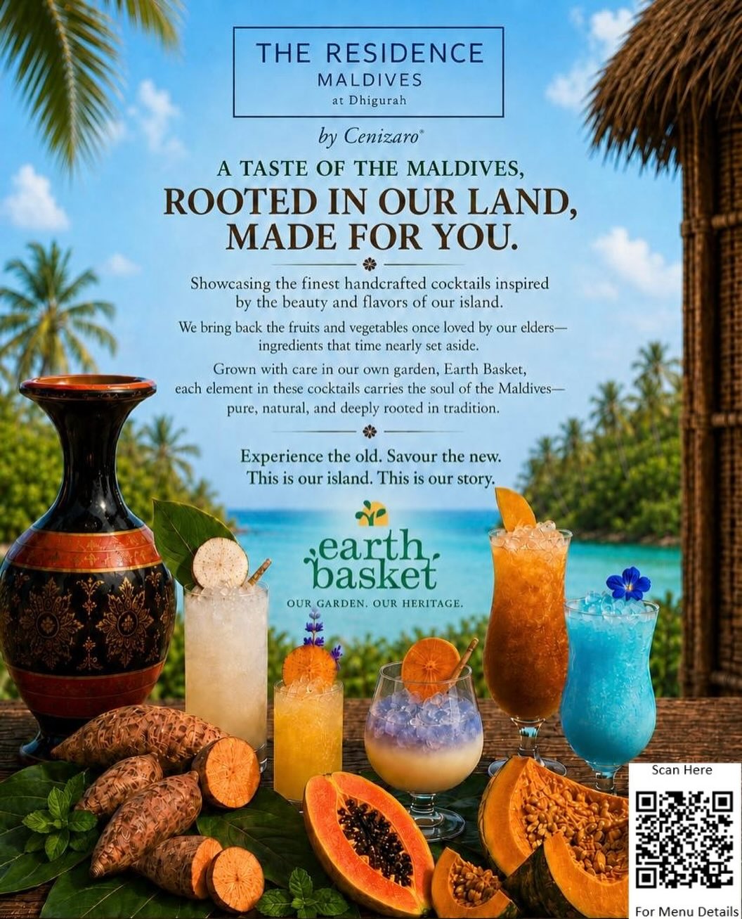 Photo by The Residence Maldives at Dhigurah on June 15, 2026. May be an image of poster, magazine, papaya, sugarcane, juice, candle, mangosteen, plant and text that says "THE RESIDENCE MALDIVES aΣ Dhi