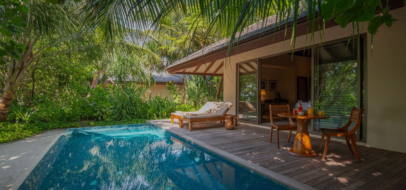Ein privater Plunge Pool und eine hölzerne Terrasse mit Sonnenliegen und einem Esstisch, umgeben von tropischem Grün.