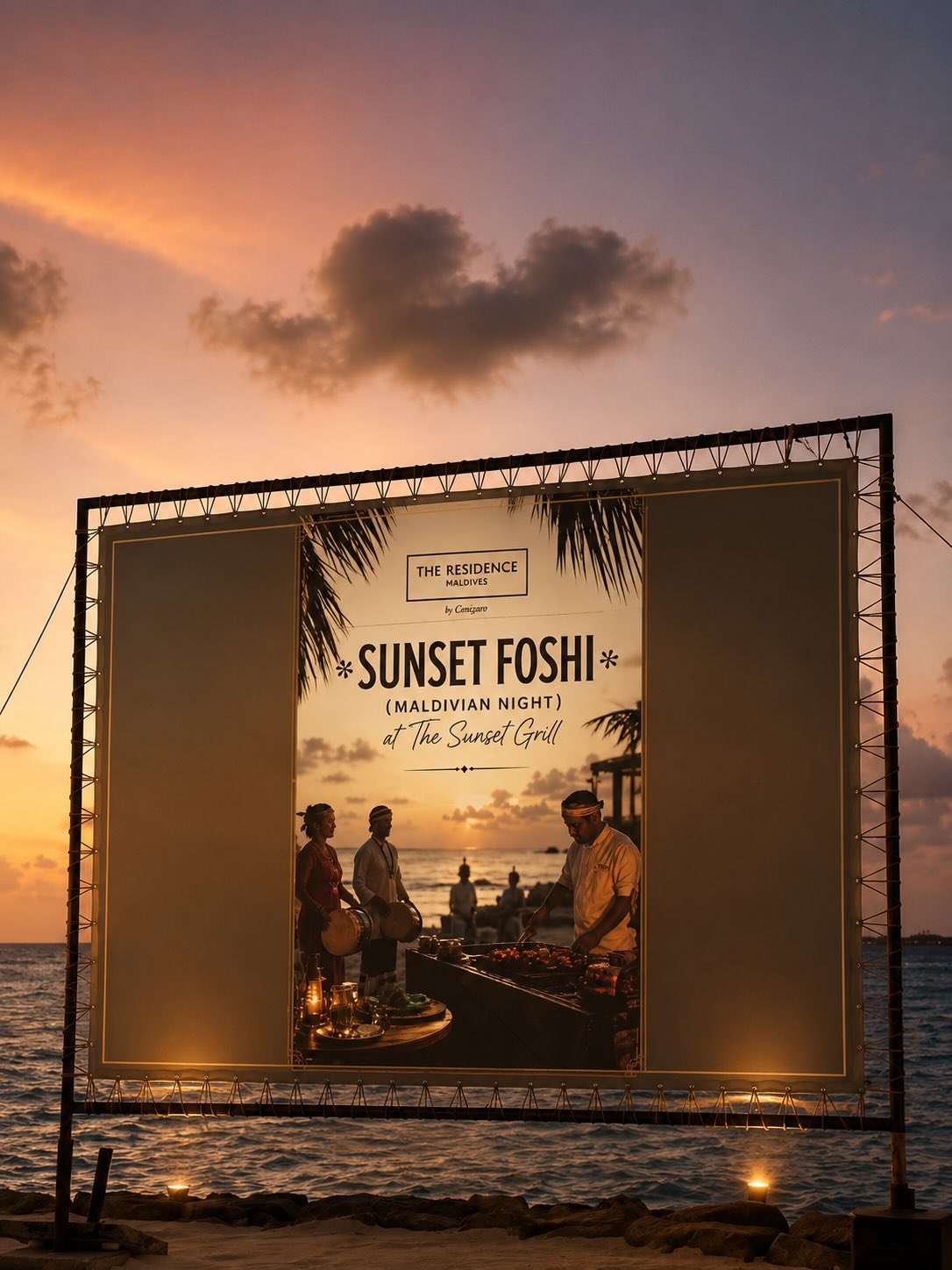 Photo by The Residence Maldives on June 16, 2026. May be an image of poster, signboard, outdoors and text that says "THE RESIDENCE RESIDEN MALDNVES Comijiana SUNSET FOSHI * (MALDIVIAN NIGHT at TheSuns