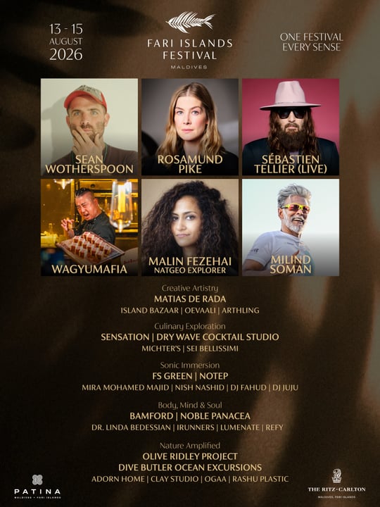 Photo shared by Fari Islands Festival on July 27, 2026 tagging @notep, @fsgreen, @sean_wotherspoon, @bamford, @wagyumafia, @milindrunning, @oliveridleyproject, @mspike, @noblepanacea, @patinamaldives,