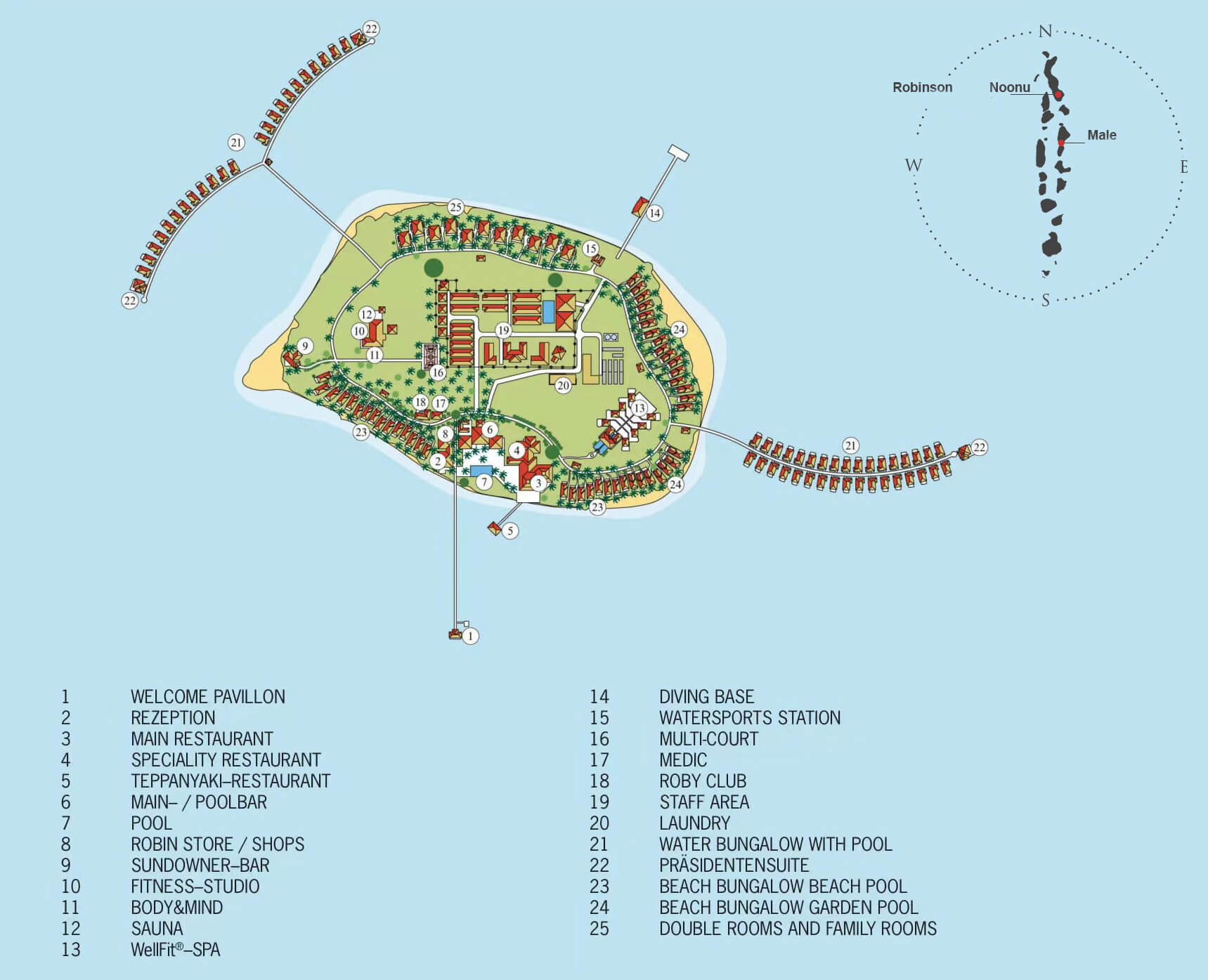 Robinson Noonu club plan showing the two water-villa jetties, beach villas, double-room blocks, main pool, Sundowner Bar and dive centre