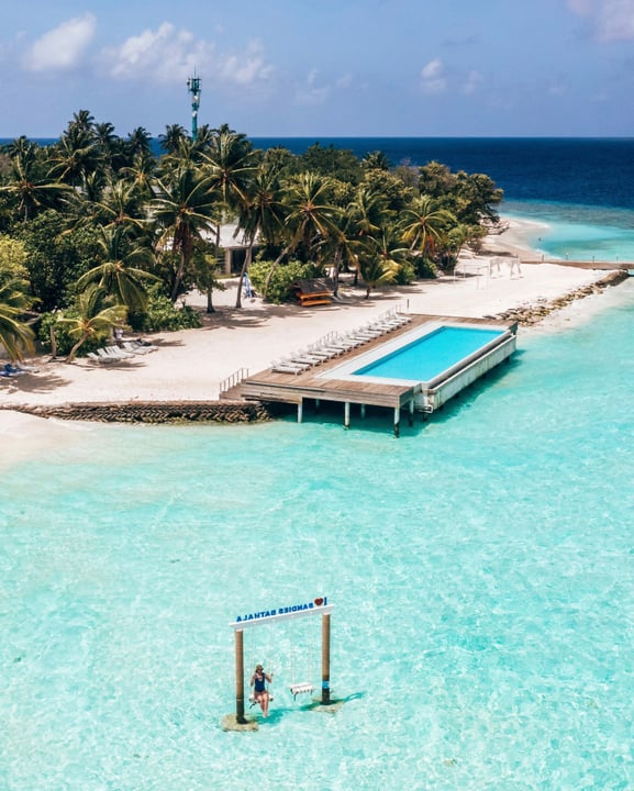 Photo by Sandies Bathala Maldives in Sandies Bathala Maldives. May be an image of seaplane, ocean, cabana and text.