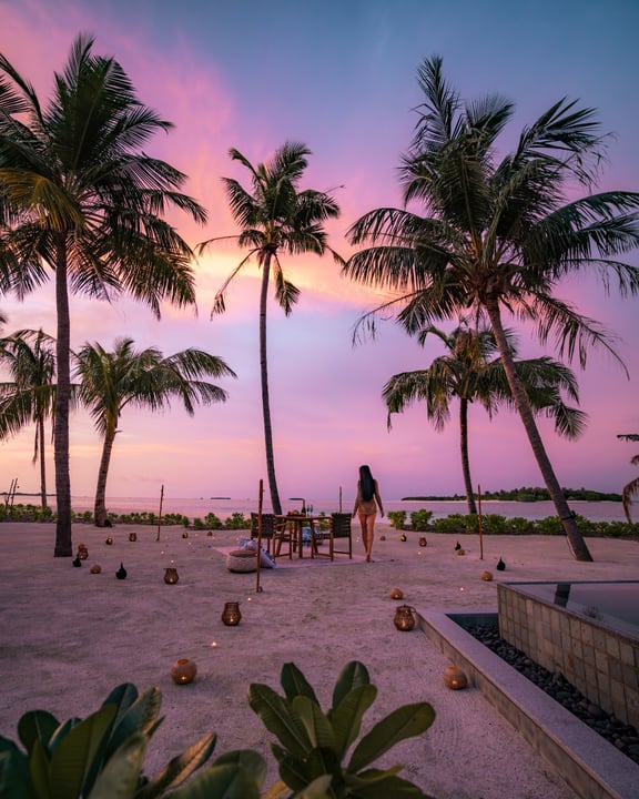 Photo by Six Senses Kanuhura on April 23, 2026. May be an image of twilight, palm trees, outdoors and text.
