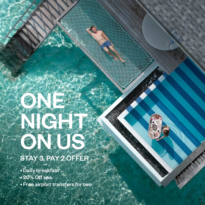 One Night On Us - Stay 3, Pay 2 Offer.
Immerse yourself in elevated island living with our exclusive 33% savings when you book three or more nights at SO/ Maldives. Daily breakfast, free airport trans