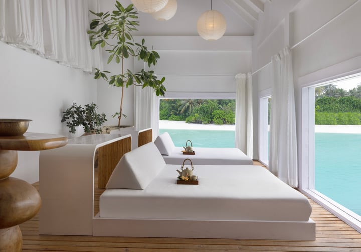 Photo by The Standard, Maldives on June 15, 2026. May be an image of bed, chaise longue, bedroom, cabana and text.