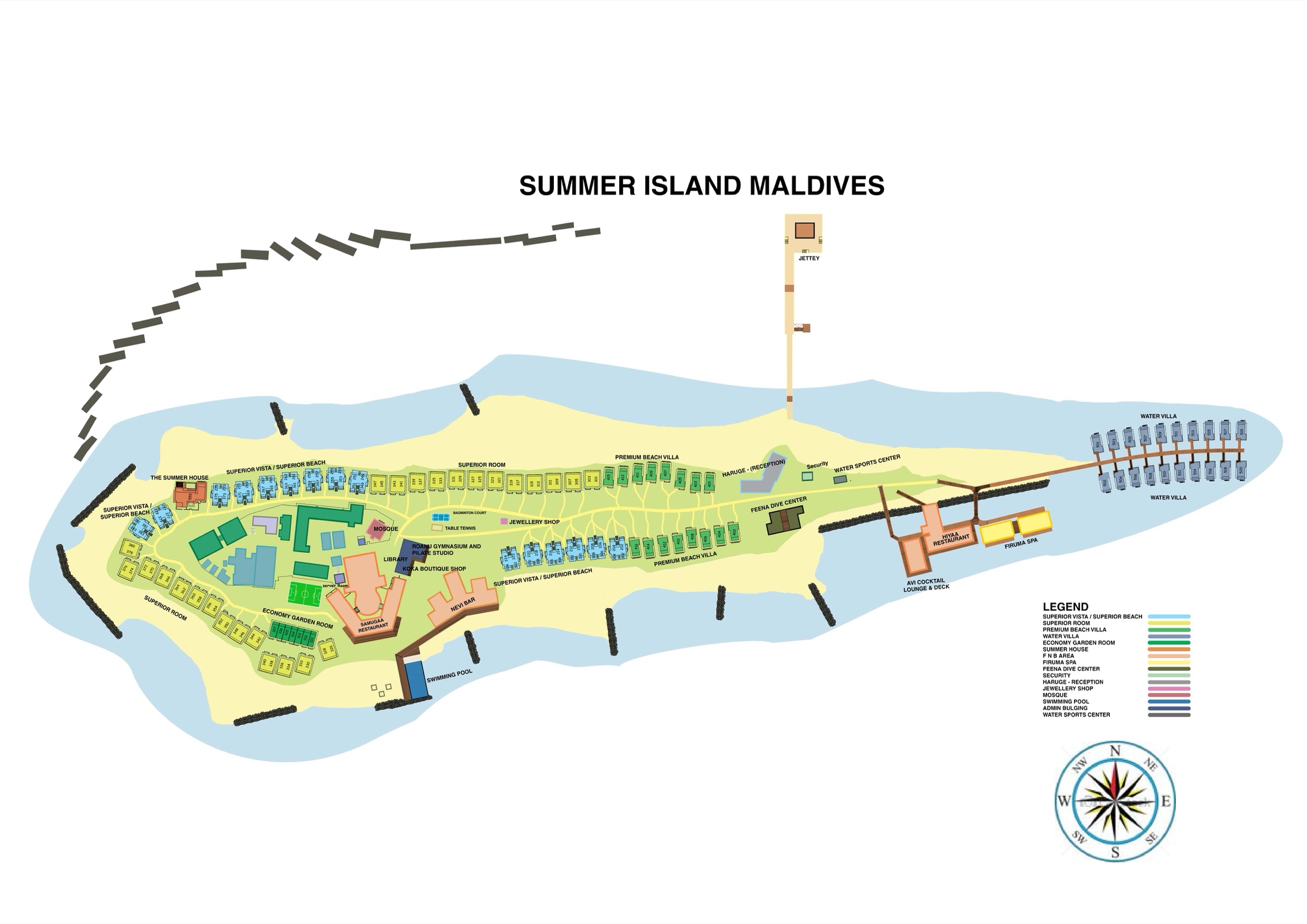 Mappa illustrata dell'isola di Summer Island Maldives — il molo delle water villa, i ristoranti Samuga e Hiya, i bar Nevi e Baraveli, la spa Firuma, il diving centre, la piscina e i blocchi delle camere