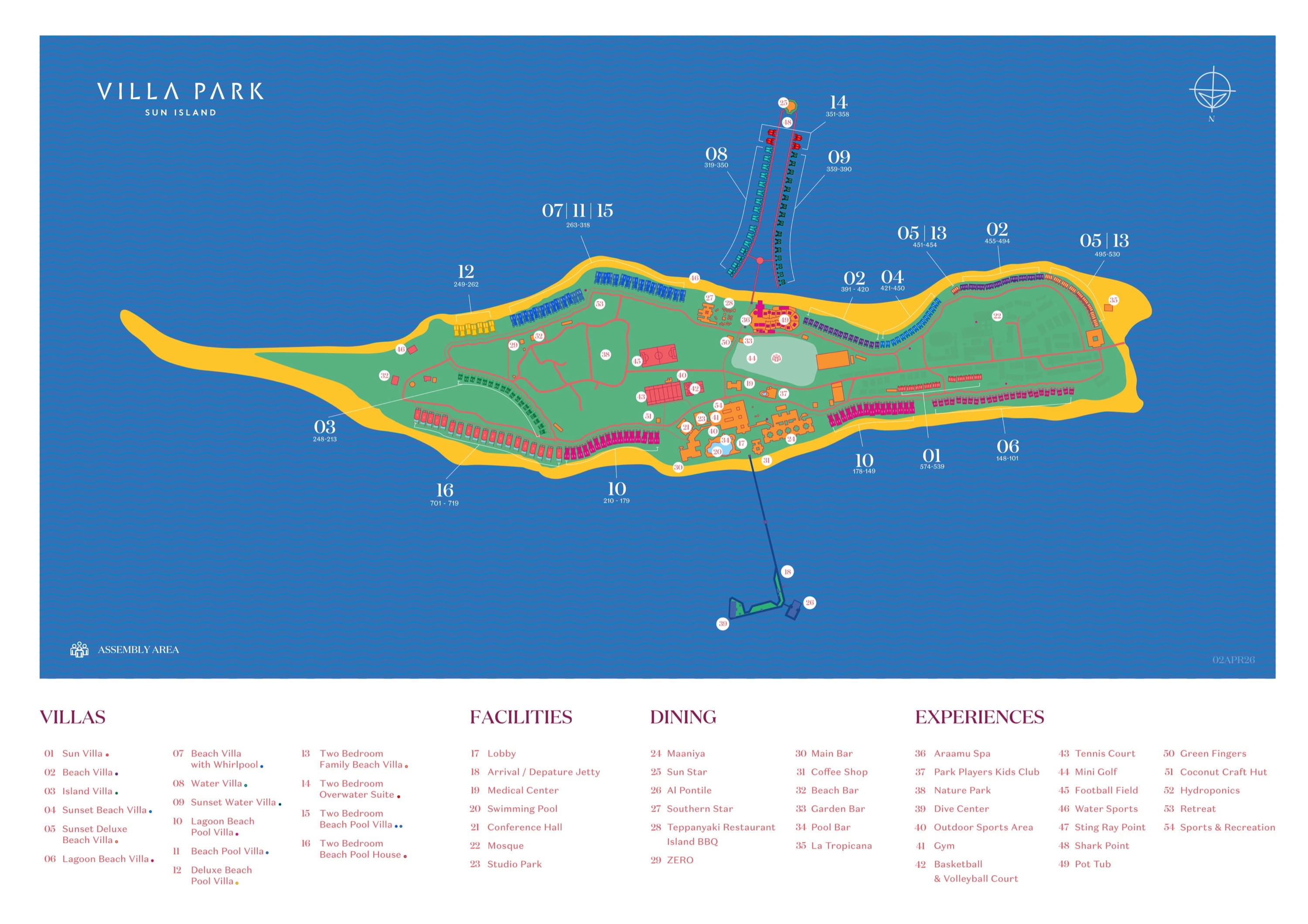 Offizielle Inselkarte von Villa Park Sun Island mit Villennummern, Restaurants und Einrichtungen