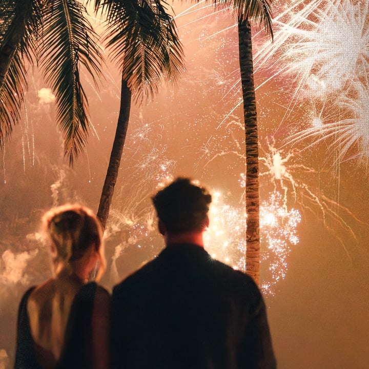 Foto von Iru Fushi vom 17. Juli 2026. Könnte ein Bild von Wunderkerze, Feuerwerk, Palmen und Text sein.