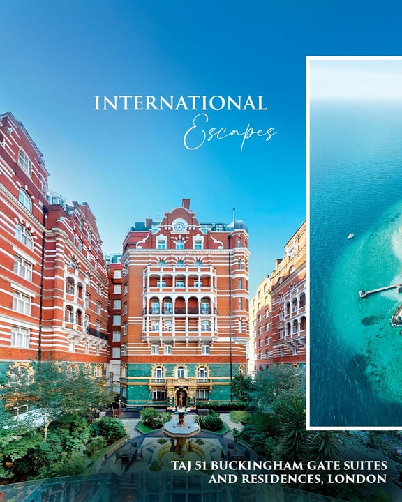 Photo shared by Taj Hotels on April 30, 2026 tagging @taj51bg, @thepierreny, @tajmaldives, @tajbentota, and @taj_gangtey. May be an image of poster, magazine, buildings and text that says "INTERNATION