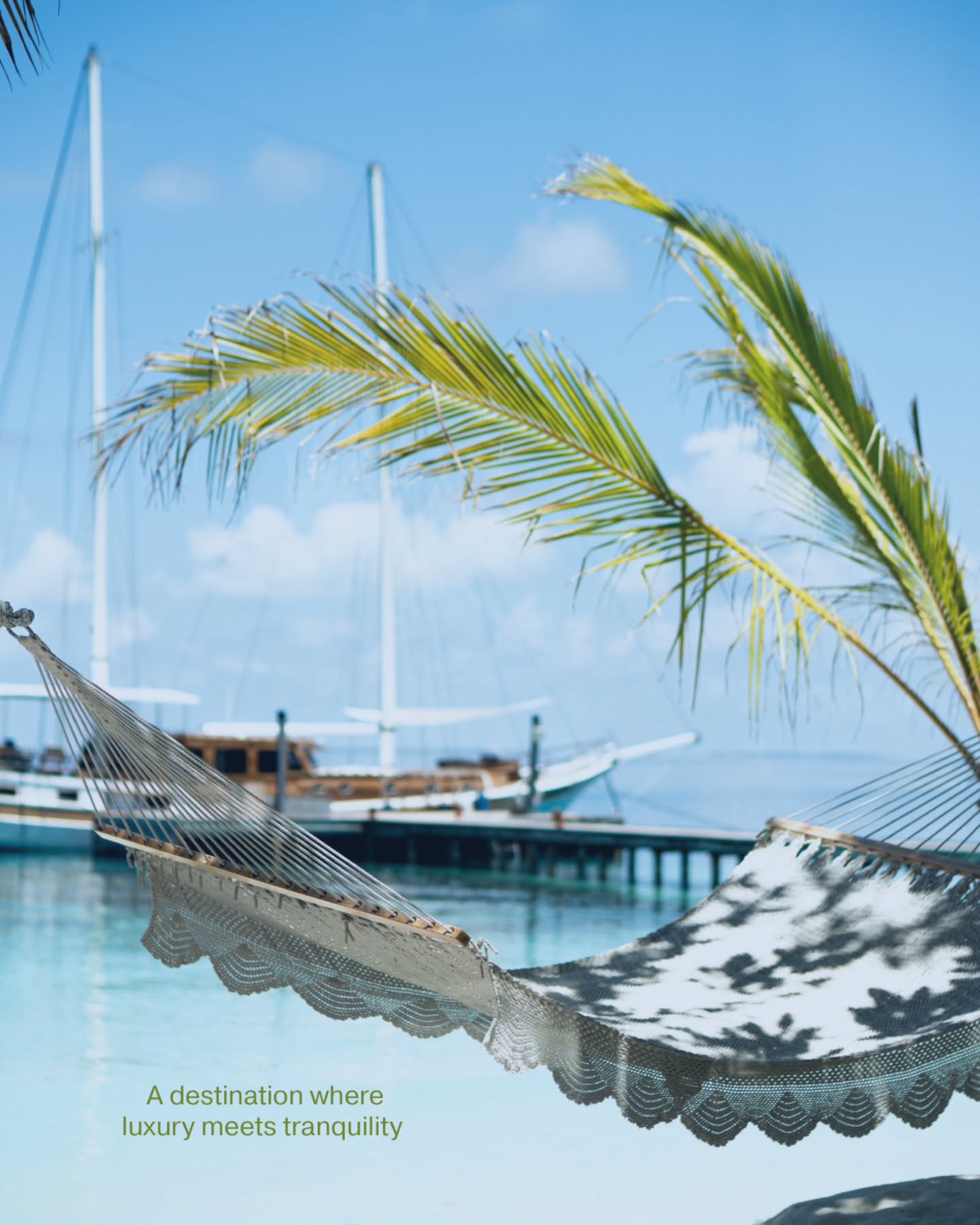 Foto von V Villas Maldives at Mirihi - MGallery Collection in V Villas Maldives at Mirihi - MGallery Collection. Möglicherweise ein Bild von Segel, Yacht, Hängematte, Schiff und Text mit der Aufschrift „A destination where l