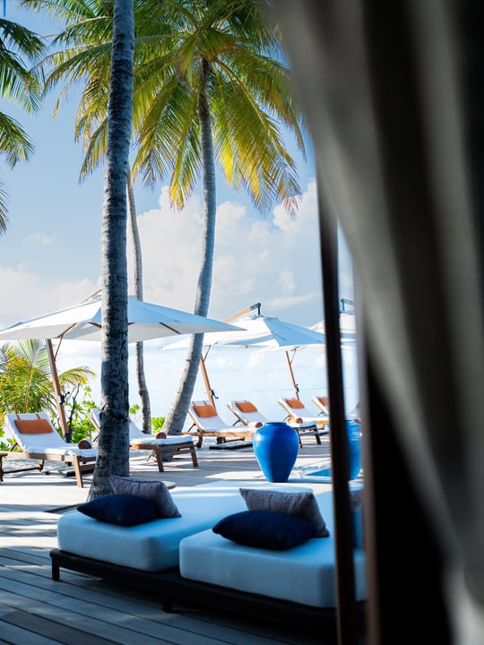 Photo by V Villas Maldives at Mirihi - MGallery Collection in V Villas Maldives at Mirihi - MGallery Collection with @mgalleryhotels. May be an image of deck chair, chaise longue, cabana, palm trees a