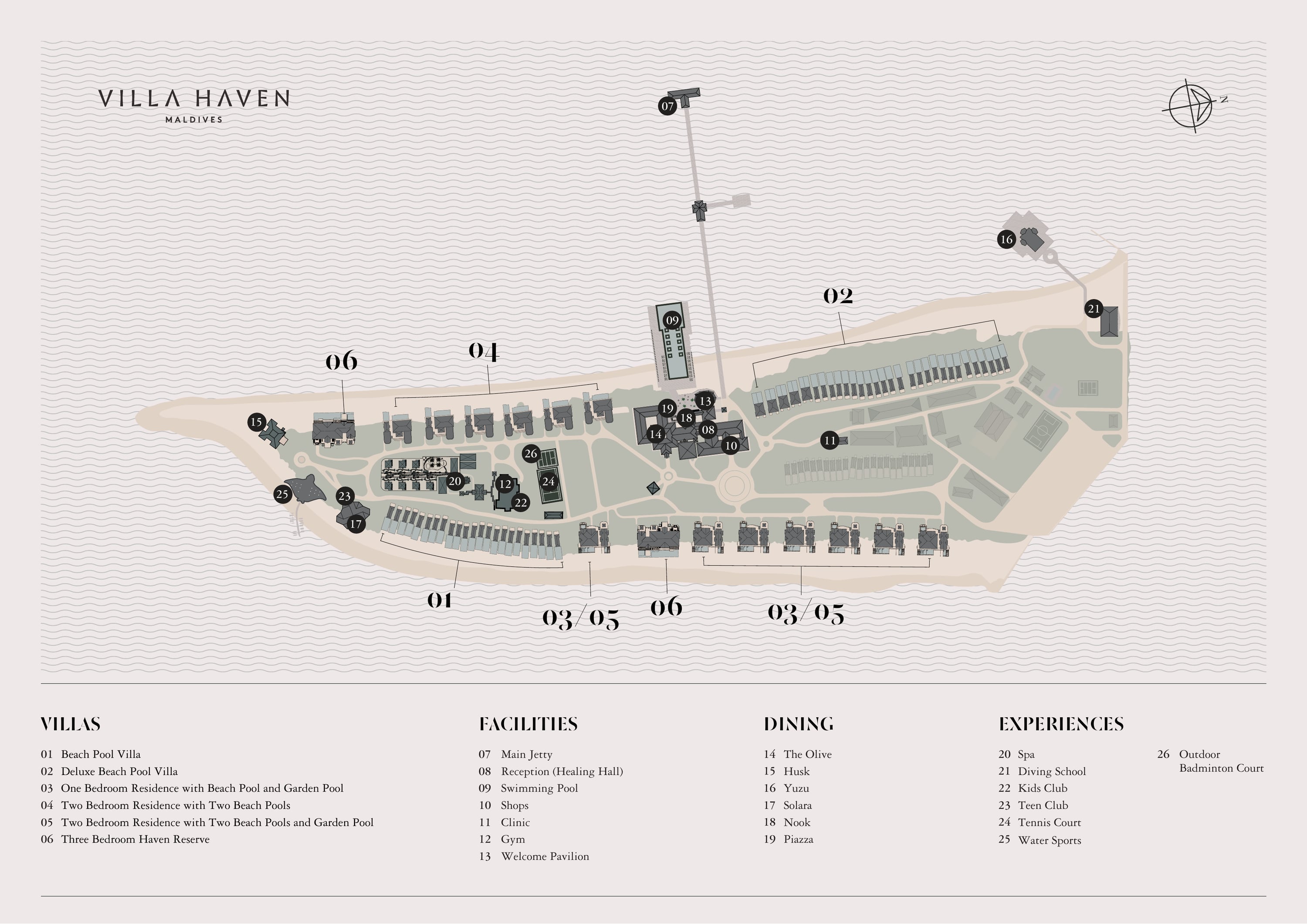 Illustrated island map of Villa Haven Maldives — the beach pool villas and residences, the main jetty, the Healing Hall reception, the pool, YUZU over the water, Husk, Solara, the spa, dive school, kids and teens clubs and tennis court