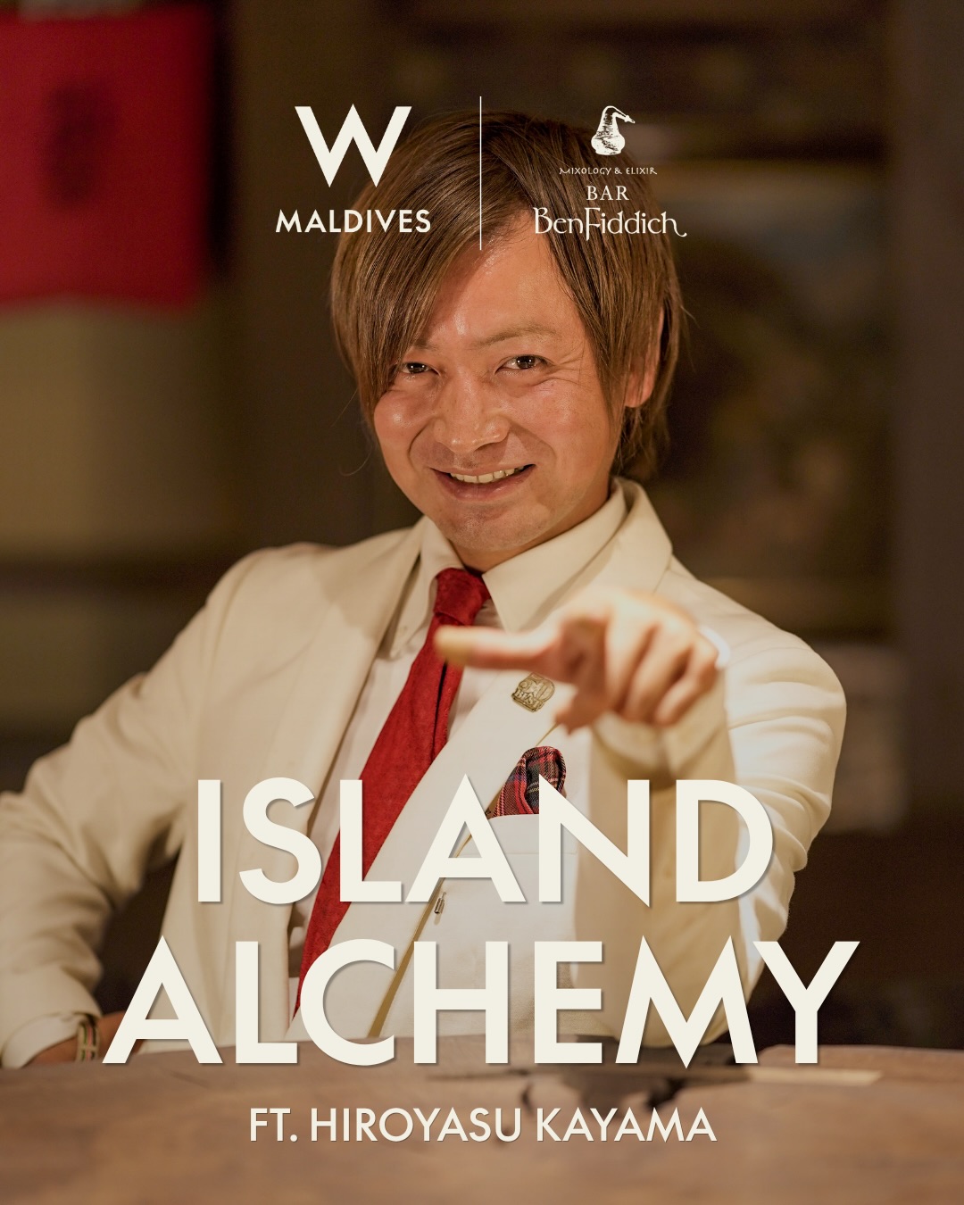 Von W Maldives geteiltes Foto vom 09. Juli 2026 mit Tag @benfiddich_tokyo. Zeigt möglicherweise Poster, Magazin und Text mit der Aufschrift "w αCy &EL BAR MALDIVES BenFiddich MALDIVESBenFiddich Ben| Fiddich ISLAND 