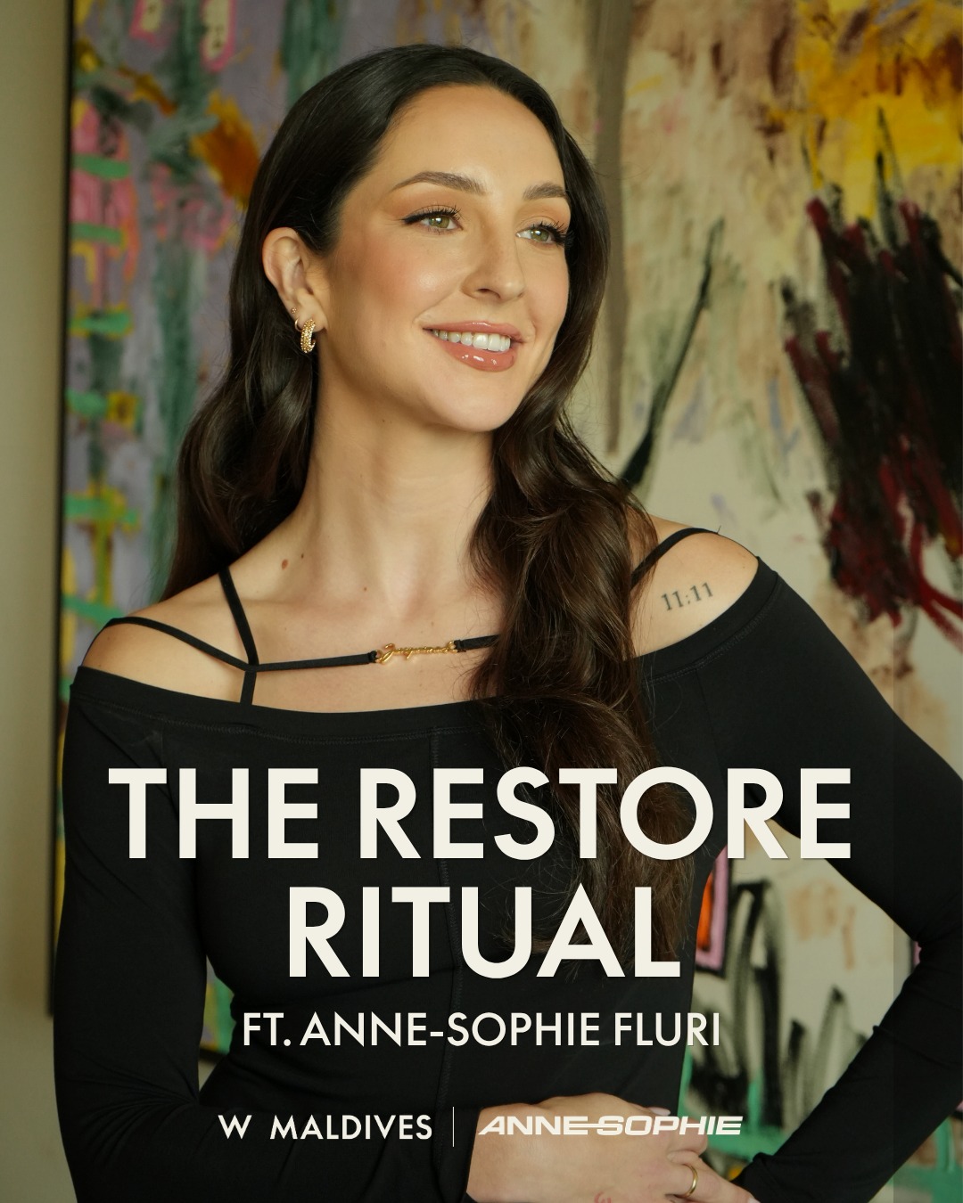 Photo shared by W Maldives on August 05, 2026 tagging @coochiebygucci. May be an image of one or more people, make-up, poster, magazine and text that says "H9 11:11 THE RESTORE RITUAL FT. FT.ANNE-SOPH