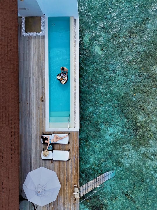 Photo by The Westin Maldives on June 18, 2026. May be an image of swimming, deck chair, chaise longue, pool, cabana and text.